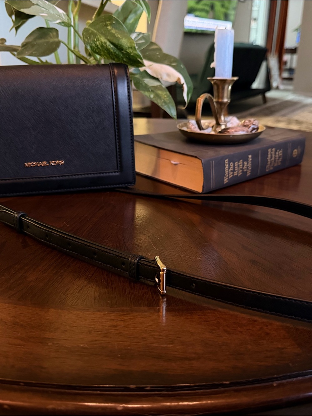 Michael Kors Black Leather Belt with Gold-Tone Buckle